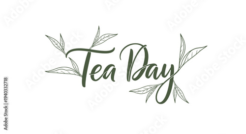 Tea Day celebration with elegant green leaves and cursive text.