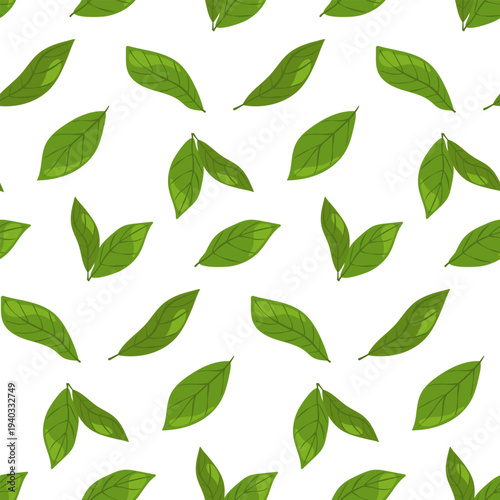 Green leaves seamless pattern. Fresh tea leaf background for organic branding, herbal medicine packaging, and eco-friendly textile