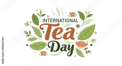 International Tea Day celebration with leaves and floral elements.