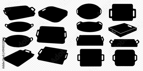 Set of black silhouettes of baking trays and serving trays in various shapes and sizes, isolated on a transparent background.