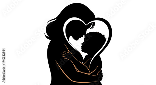 Mother and Child Silhouette with Heart Shape.