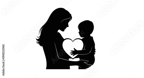 Mother holding baby with heart silhouette illustration.