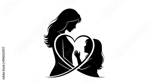 Mother and Child Silhouette Heart Illustration.