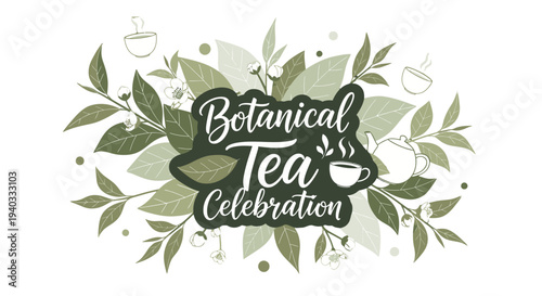 Botanical Tea Celebration with Green Leaves and Tea Cups.