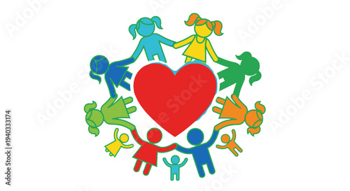 Colorful paper cutout people holding hands around a red heart symbolizing unity and love.