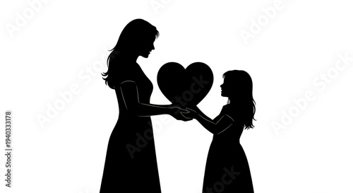 Silhouette of mother and daughter holding a heart together.
