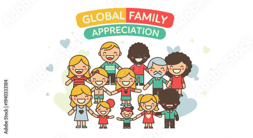 Diverse cartoon family illustration promoting global unity and appreciation.