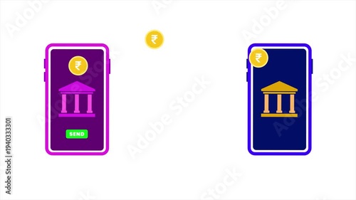 Online digital payment transfer from bank to bank animation on white background, Rupee transfer bank to bank, indian Currncy moving from one bank to another bank with successful message
