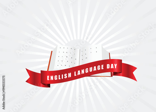 English Language Day banner with open book symbolizing education knowledge and literacy vector poster