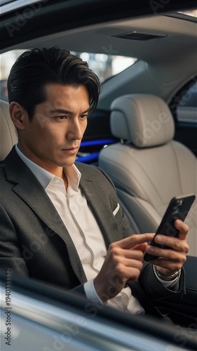 Focused Asian businessman using smartphone in car interior vertical video