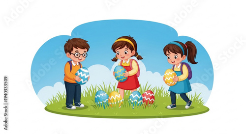 Children playing with colorful easter eggs on a sunny green lawn outdoors