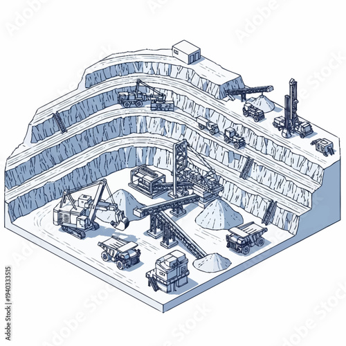 Isometric illustration of an open-pit mine with heavy machinery and processing facilities.
