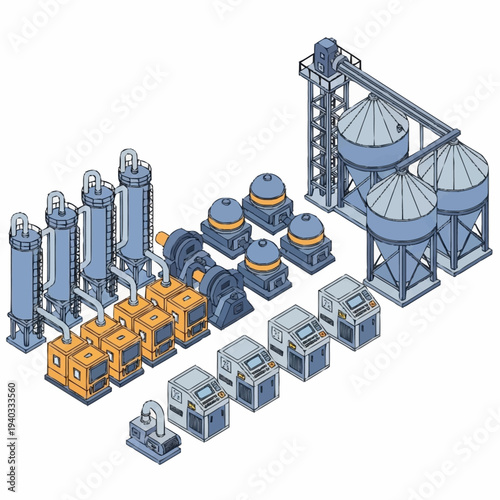 Isometric Industrial Equipment Collection for Manufacturing and Processing Plants.