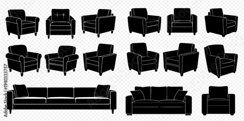 Collection of black silhouettes of armchairs and sofas, showcasing various furniture designs for interior decor.