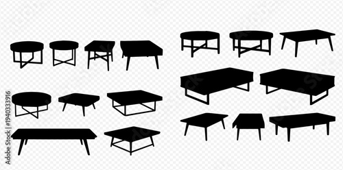 Set of various modern coffee table and ottoman silhouettes, isolated on transparent background, for furniture design.