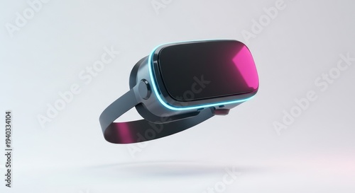 A futuristic virtual reality headset floats in mid-air with vibrant pink and blue lights on a clean white background