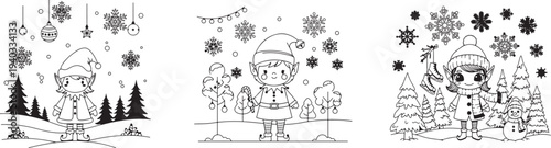 A funny cartoon vector illustration of a cat and a boy playing among grass and reeds blowing in the wind, designed as a fairytale coloring book sketch for children