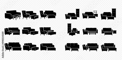 Set of various modern sofa and armchair furniture silhouettes for living room interior design.