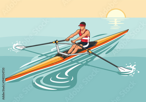 Male rower in a scull boat on calm water during a sunset or sunrise