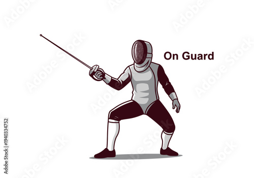 Fencer in protective gear holding a foil in an on guard stance
