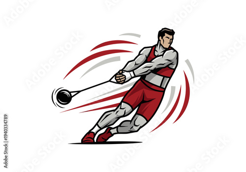 Stylized illustration of a male athlete performing a hammer throw with dynamic motion lines on a white background.