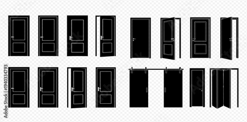 Set of black door silhouettes in various positions, including open, closed, and sliding, on a transparent background.