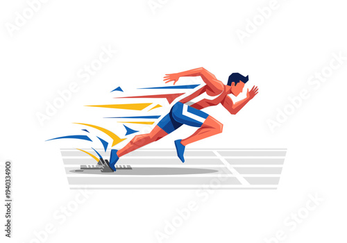 Dynamic male runner sprinting from starting blocks on a track with speed lines