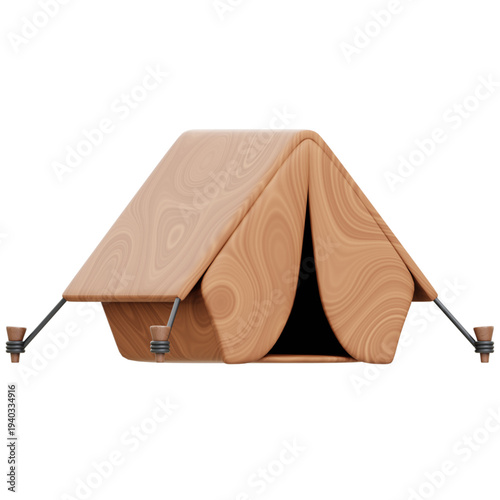 Rustic Shelter: A warm-toned tent made of wood. Ready for a camping trip in nature. This inviting structure promises comfort and adventure. 