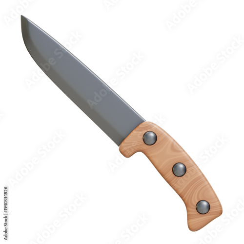 Sleek Chef's Knife: A high-angle shot reveals a meticulously crafted chef's knife, its gleaming blade poised for culinary precision. The ergonomic wooden handle is adorned with rivets.