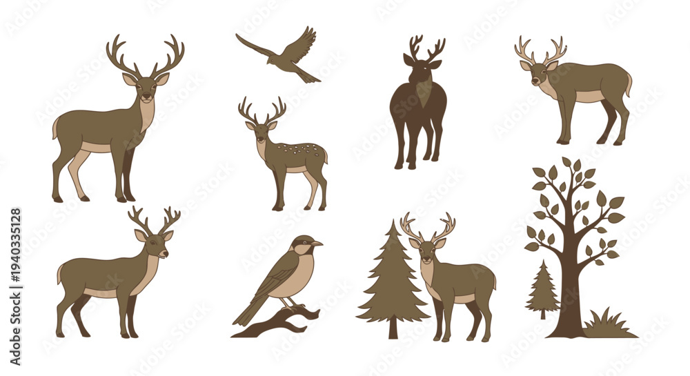 Fototapeta premium Deer silhouette set featuring wild animals and forest wildlife vector illustration with antlers and nature theme