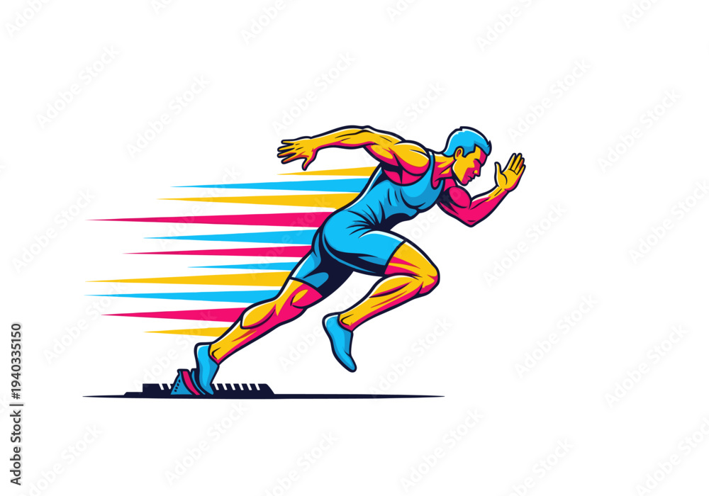Fototapeta premium Dynamic male athlete sprinting from a starting block with vibrant speed lines on a white background