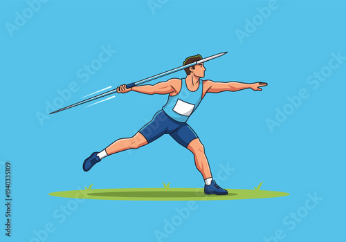 Male javelin thrower in blue uniform performing during an athletic competition event