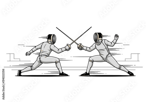 Two fencers in full protective gear engaged in a competitive sword fight