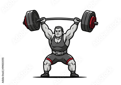 Muscular man performing an intense overhead barbell lift in a strongman pose