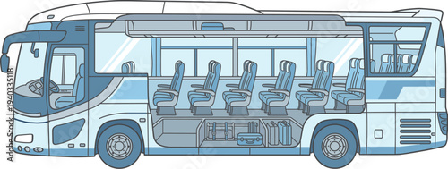 観光バスの断面構造イラスト（車内座席と荷物スペース）