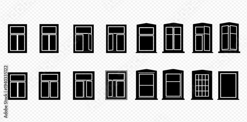 Set of black window silhouettes with white outlines, various shapes and styles, isolated on transparent background.