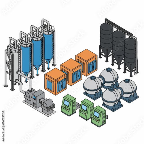 Isometric Industrial Plant with Storage Tanks and Processing Units.