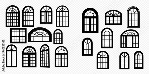 Collection of various black silhouette window frames, including arched, square, and rectangular designs, isolated on a transparent background.