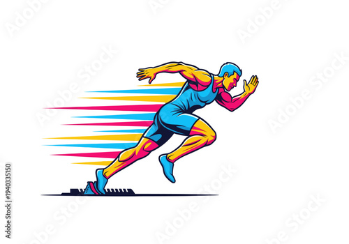 Dynamic male athlete sprinting from a starting block with vibrant speed lines on a white background