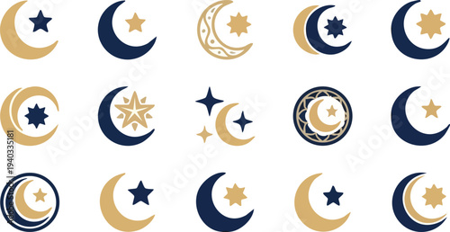 Web Islamic Crescent Moon and Stars Vector Set for Ramadan and Eid Mubarak Decorations