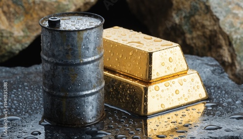 Oil barrel and gold bars symbolize global crisis amid Middle East war tensions