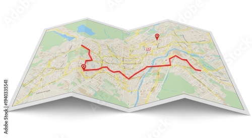 A red route marked on a folded map with a path through various locations and landmarks