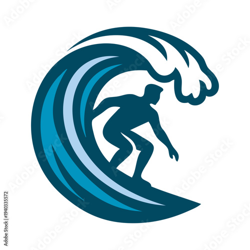 Vacaciones en la playa. Logo club de surf. Dibujo con líneas de un hombre en tabla de surf con olas de mar con forma de círculo