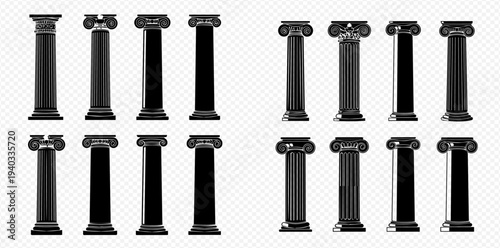 Set of black ancient columns, isolated on transparent background, showcasing various architectural styles and designs.