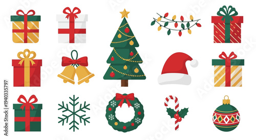 A festive collection of winter holiday icons featuring decorated Christmas trees, wrapped gifts, ornaments, and stars in a vector illustration style for the Christmas and New Year season
