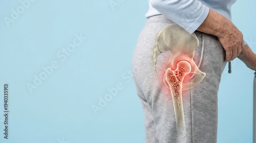 Wallpaper Mural Senior woman holding a cane shows an illuminated diagram illustrating hip joint pain and skeletal issues against a light blue background. Torontodigital.ca