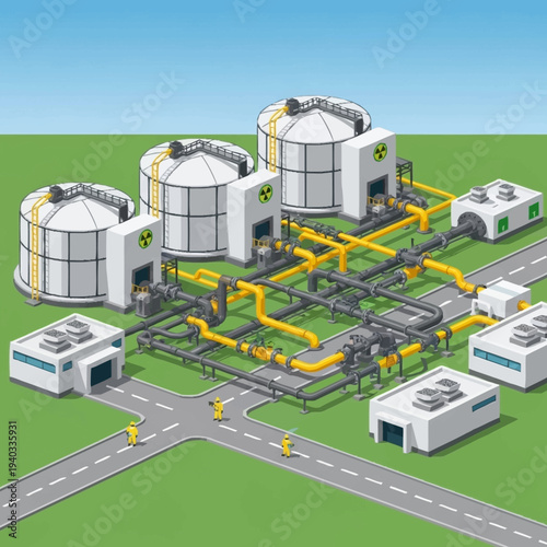 Isometric Nuclear Power Plant with Storage Tanks and Infrastructure.