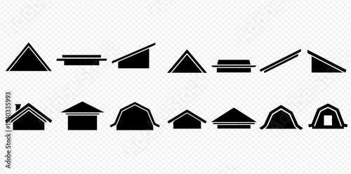 Set of various roof shapes and house icons, representing different architectural styles and construction elements.