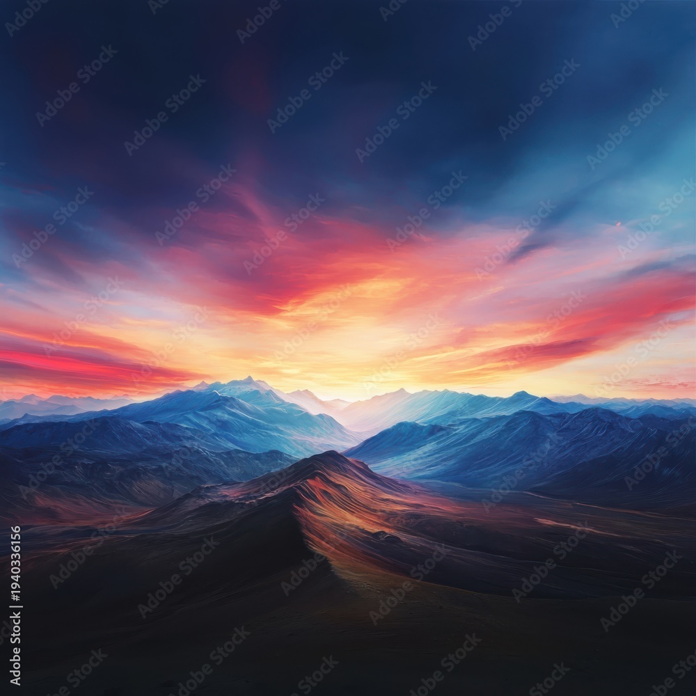 Fototapeta premium Vast mountain range at sunset with vibrant pink and orange clouds and dramatic sky