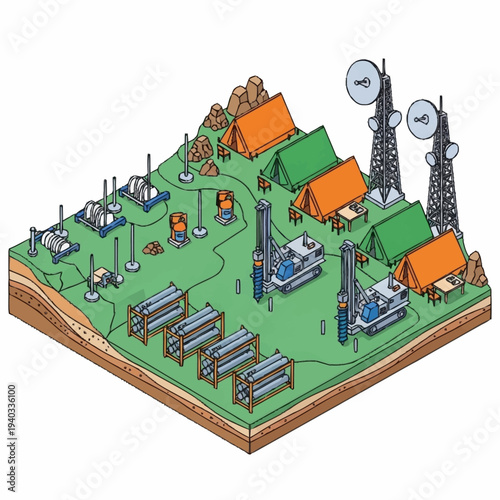 Isometric view of a geological survey camp with drilling rigs and communication towers.